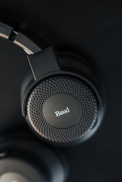 Detail of the ear cup with the Baud logo